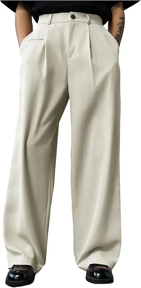 SHENHE Men's Pleated Low Waist Wide Leg Suit Pants Casual Dress Wide Leg Loose Long Pants with Pocket