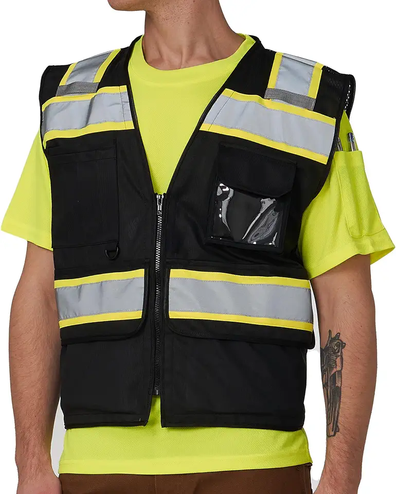 High Vis Reflective Safety Vest for Men Women Zipper Ipad Pockets Mesh Construction Apparel Neon Vest for Work