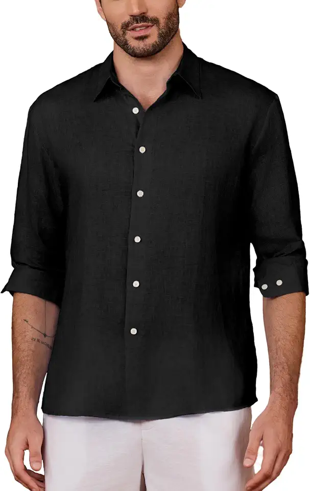 Kallspin Men's 100% Linen Button Down Shirts Classic Breathable Summer Beach Collared Shirts