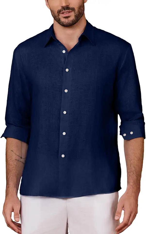 Kallspin Men's 100% Linen Button Down Shirts Classic Breathable Summer Beach Collared Shirts