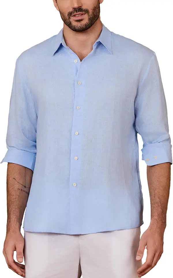 Kallspin Men's 100% Linen Button Down Shirts Classic Breathable Summer Beach Collared Shirts