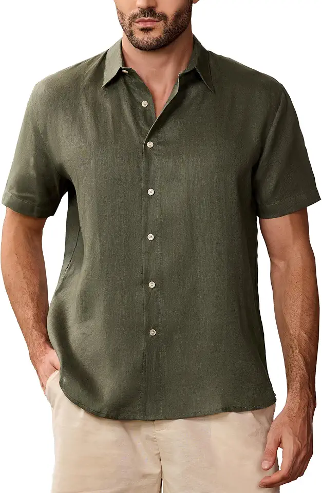 Kallspin Men's 100% Linen Short Sleeve Button Down Shirt, Summer Beach Top