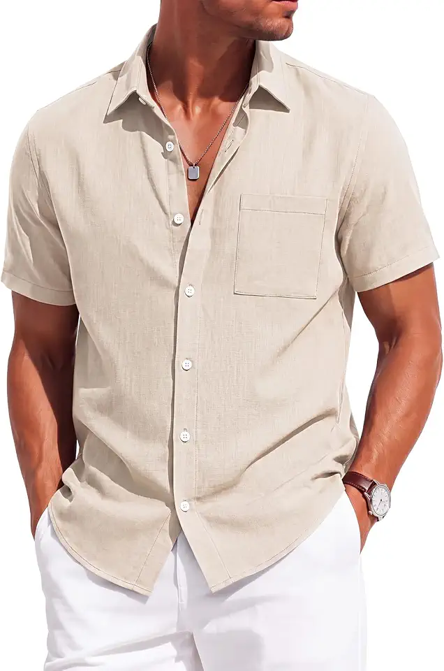 KYKU Men's Cotton Linen Shirt Short Sleeve Button Down Casual Summer Shirt