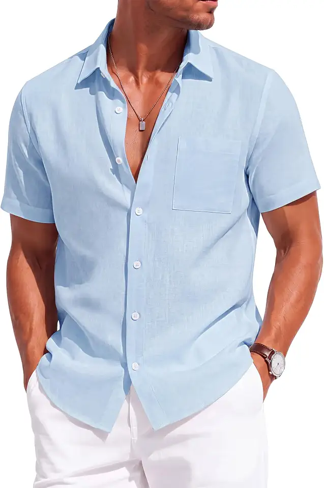 KYKU Men's Cotton Linen Shirt Short Sleeve Button Down Casual Summer Shirt
