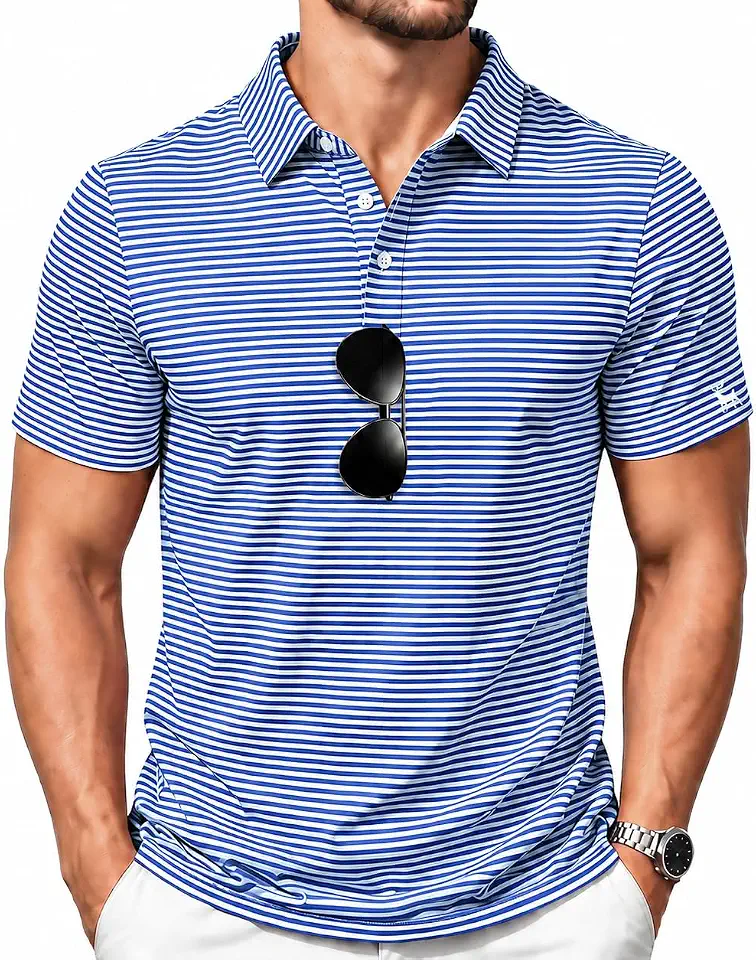 ZITY Men Golf Polo Shirts Short Sleeve Striped Print Collared T-Shirt