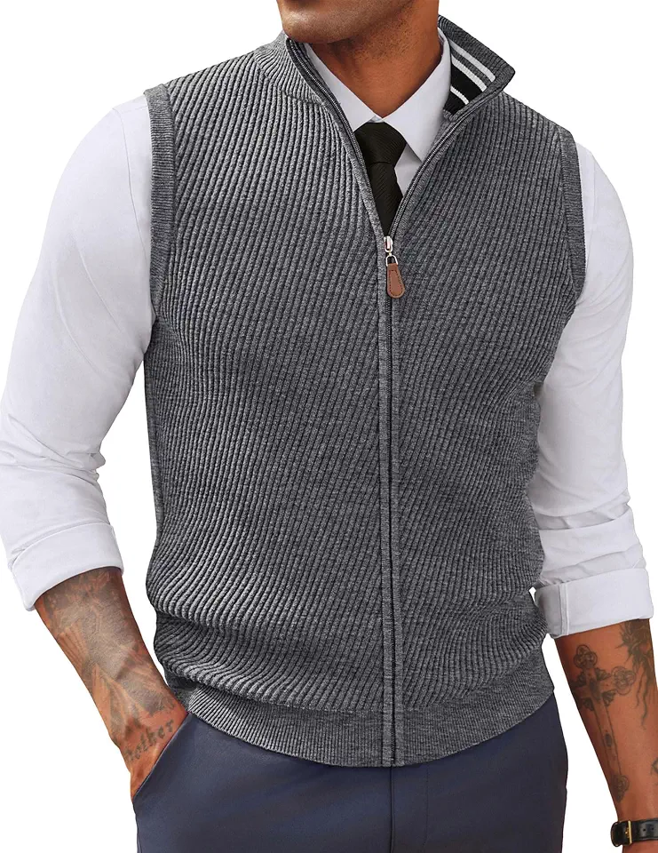 PJ PAUL JONES Mens Sweater Vest Full Zip Twill Sweaters