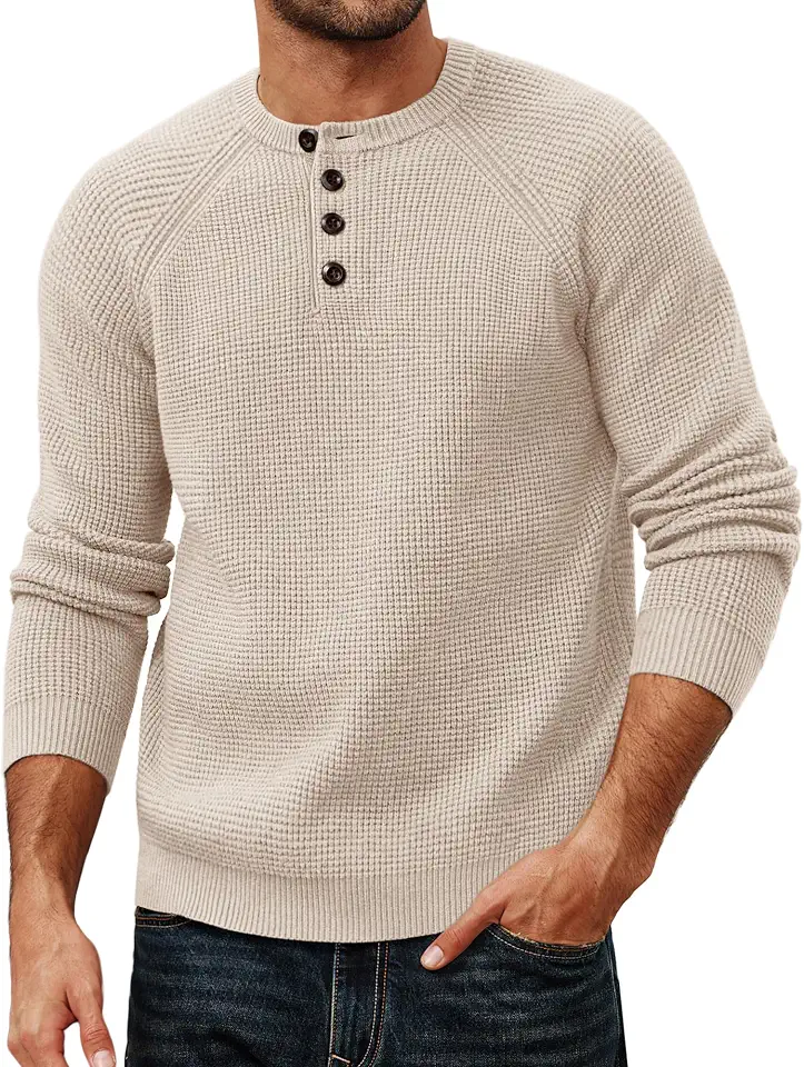 PJ Jones Mens Sweaters Casual Waffle Pullover Sweater Button Crewneck Textured Knit Henley Sweaters