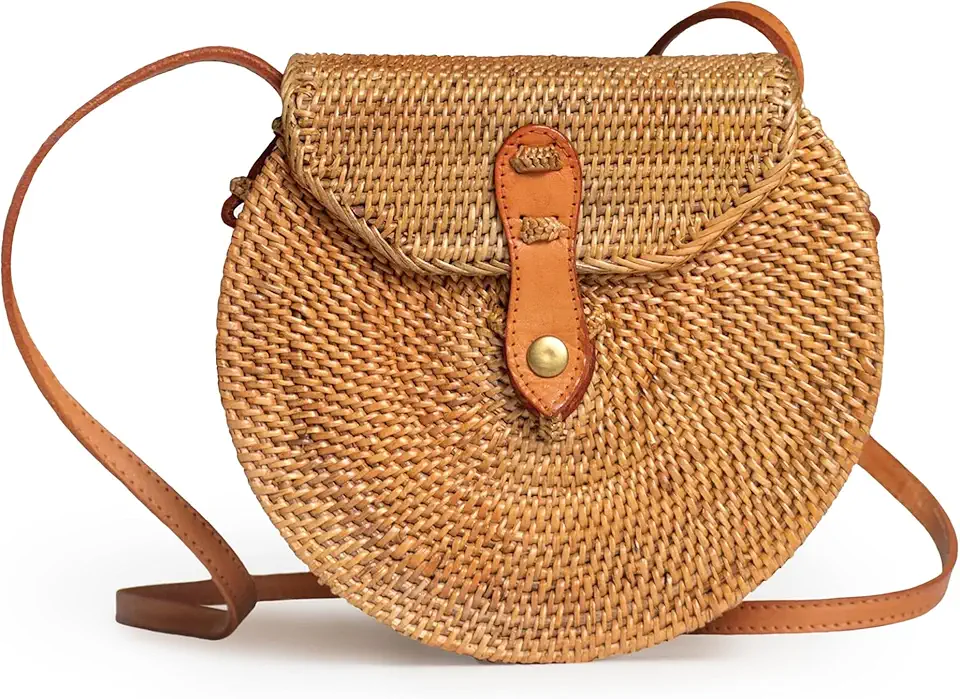 Novum Crafts Round Rattan Bag for Women - Handmade Ata Wicker Woven Purse - Circle, Square, Oval Brown Straw Boho Bags