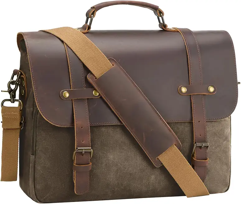 Mens Messenger Bag Waxed Canvas Laptop Briefcase 16“ Vintage Genuine Leather Crossbody Bags Waterproof Satchel Shoulder Bag