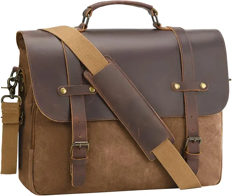 Mens Messenger Bag Waxed Canvas Laptop Briefcase 16“ Vintage Genuine Leather Crossbody Bags Waterproof Satchel Shoulder Bag