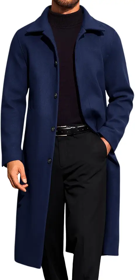 Runcati Mens Long Trench Coat Single Breasted Lapel Overcoat Winter Peacoat