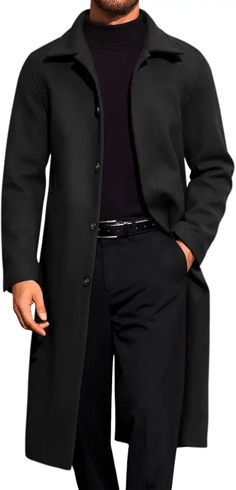 Runcati Mens Long Trench Coat Single Breasted Lapel Overcoat Winter Peacoat