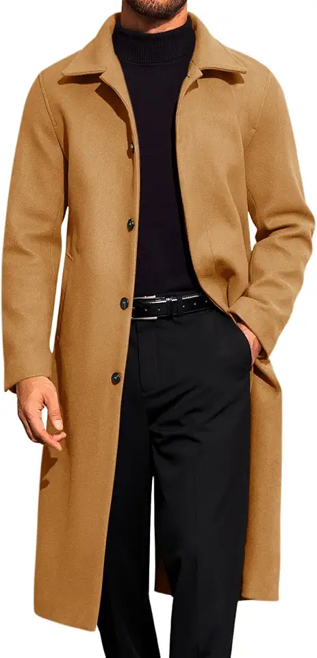 Runcati Mens Long Trench Coat Single Breasted Lapel Overcoat Winter Peacoat