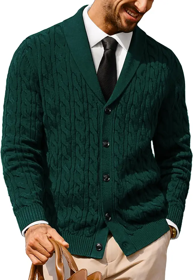 Men's Regular Fit Green Long Sleeve Button Up Cardigan Sweater