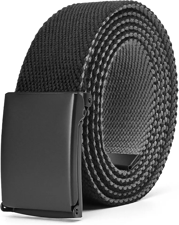 Men's Canvas Web Belt with Black Buckle, Black and Gray Reversible Striped Adjustable Work Belts