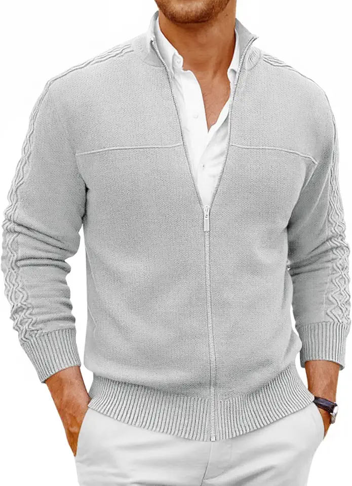 Runcati Mens Full Zip Cardigan Sweater Casual Mock Neck Cable Knitted Winter Chunky Sweaters