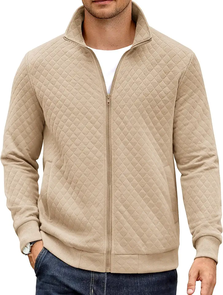 COOFANDY Mens Zip Up Sweatshirt Mock Neck Quilted Jacket Casual Lightweight Sweater Jackets with Pocket