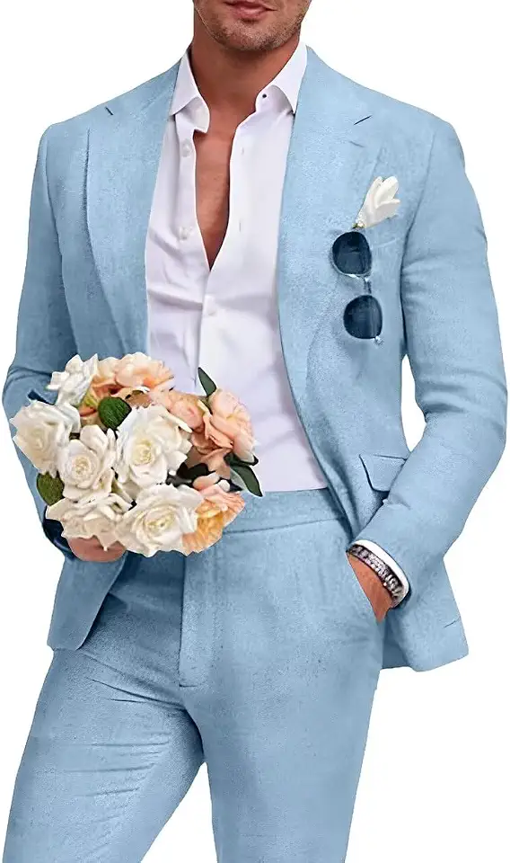 Global Recycled Standard Men's Linen Suit 2 Piece Slim Fit Summer Beach Wedding Prom Party