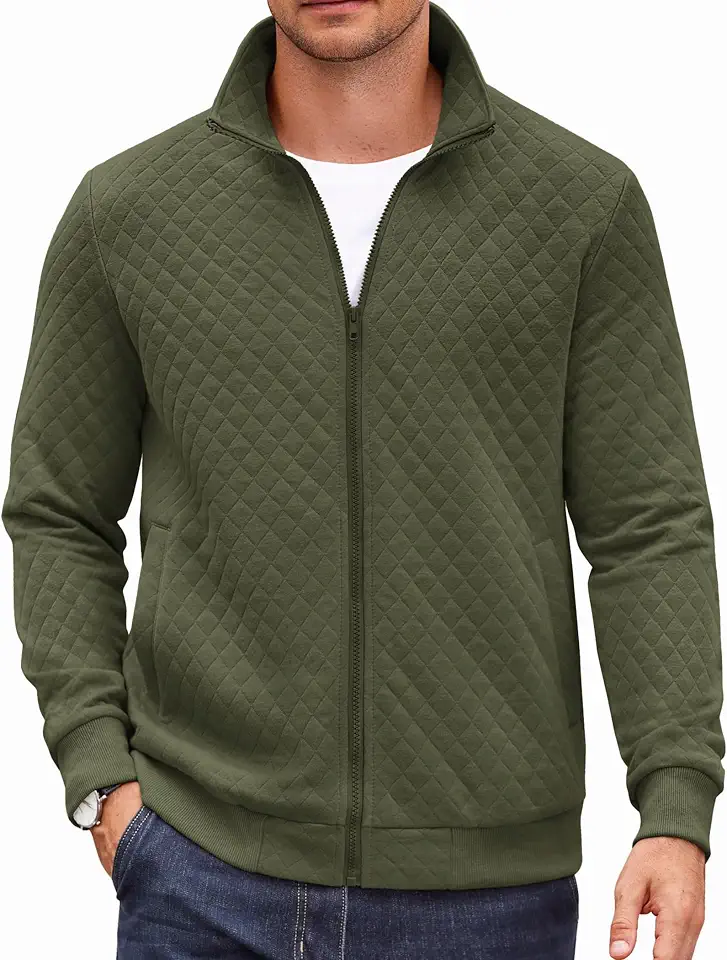 COOFANDY Mens Zip Up Sweatshirt Mock Neck Quilted Jacket Casual Lightweight Sweater Jackets with Pocket