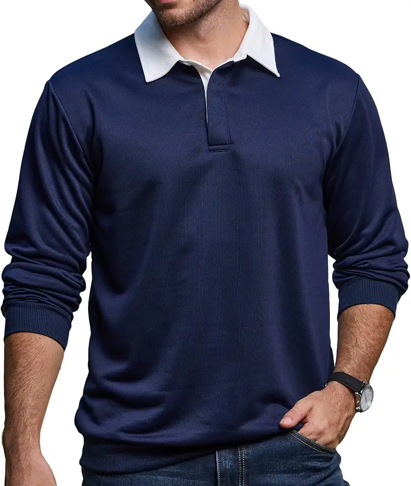 Men's Long Sleeve Polo Shirt Sweatshirts with Contrast Collar
