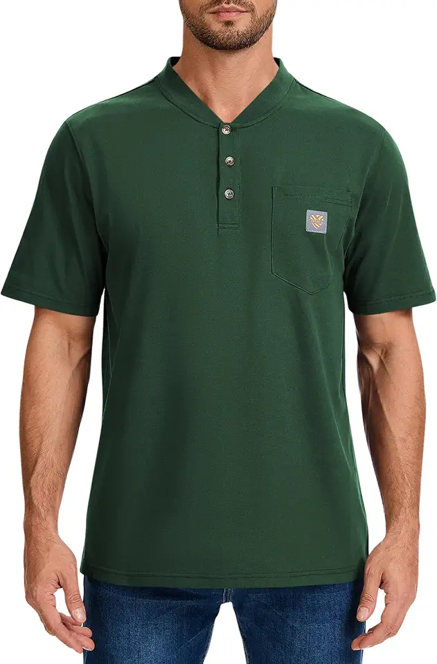 OEKO-TEX STANDARD 100 Men's Loose Fit Heavyweight Short-Sleeve Pocket Work Henley T-Shirt
