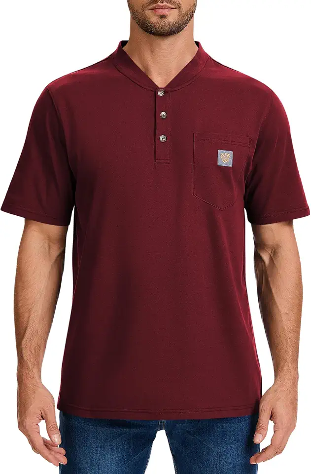OEKO-TEX STANDARD 100 Men's Loose Fit Heavyweight Short-Sleeve Pocket Work Henley T-Shirt
