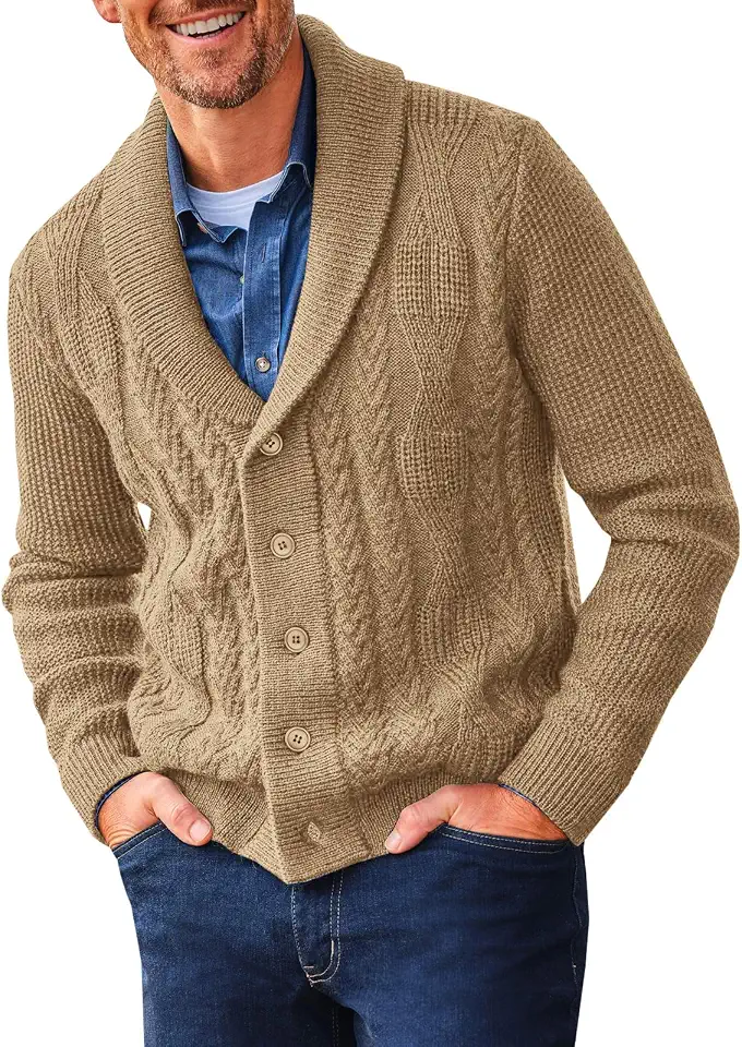 Runcati Mens Shawl Collar Cardigan Sweater Cable Knit Casual Winter Outwear