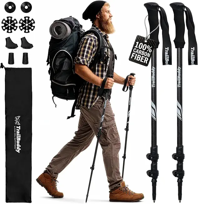 TrailBuddy 3K Carbon Fiber Hiking Poles - Collapsible Lightweight Trekking Poles for Hiking - Adjustable Walking Sticks for Women, Men, Seniors with All-Terrain Tips, Baskets & EVA Grips