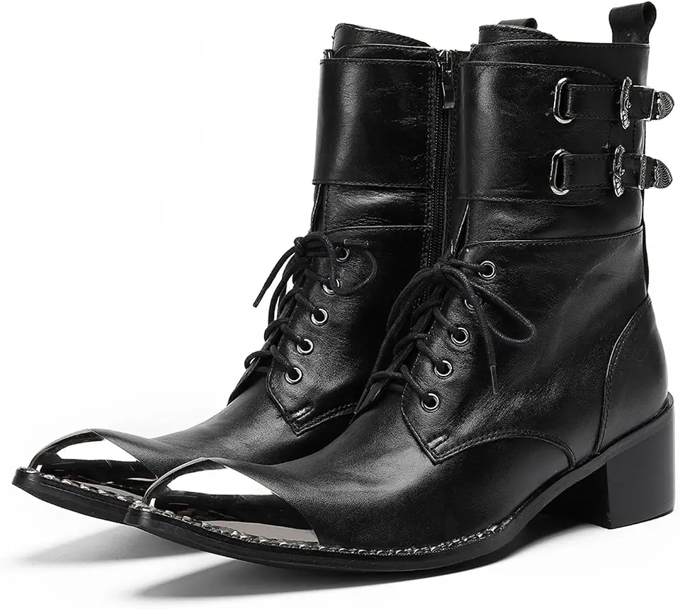 Men's Black Leather Combat Boots with Metal Cap Toe – Mid-Calf Buckle Lace-Up Western Boots with Side Zipper & Block Heel, Gothic Punk Military-Inspired Dress Boots for Men