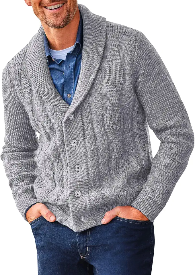 Runcati Mens Shawl Collar Cardigan Sweater Cable Knit Casual Winter Outwear