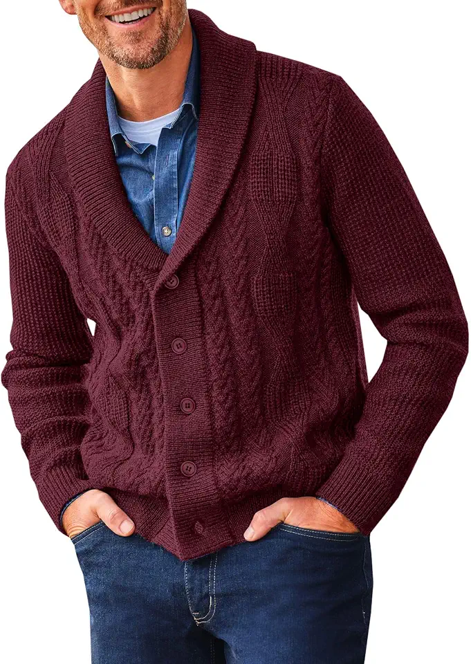 Runcati Mens Shawl Collar Cardigan Sweater Cable Knit Casual Winter Outwear
