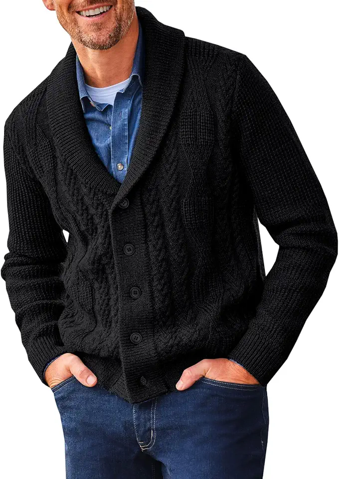 Runcati Mens Shawl Collar Cardigan Sweater Cable Knit Casual Winter Outwear