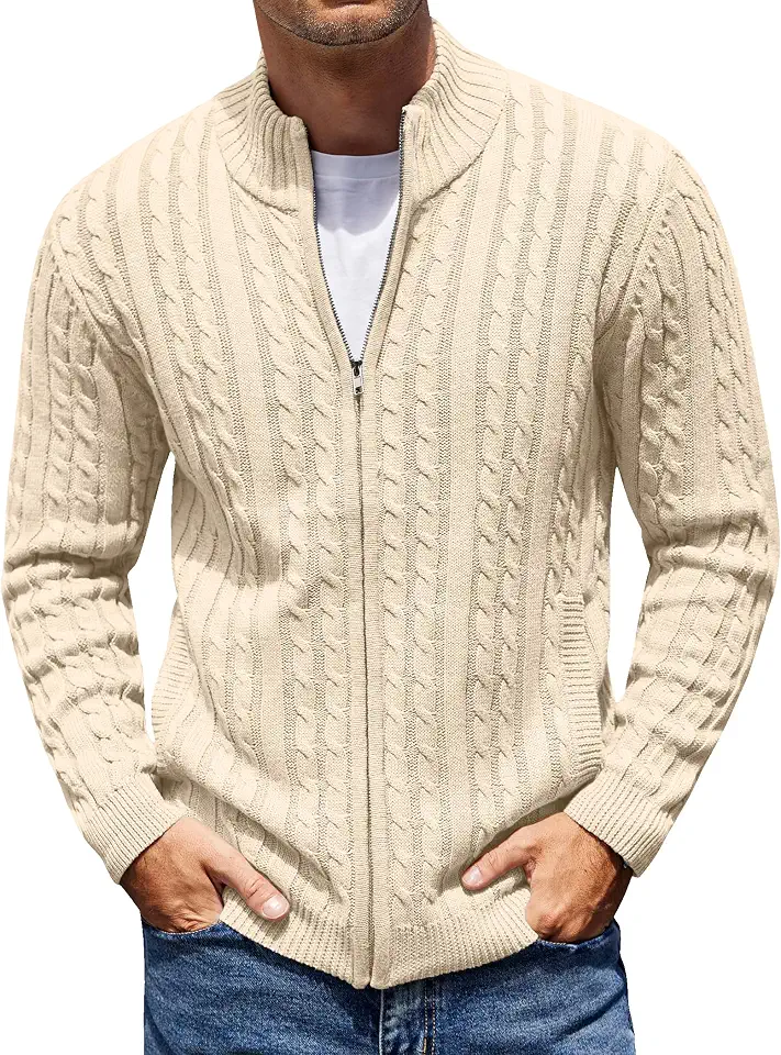 COOFANDY Mens Cardigan Sweater Cable Knitted Full Zip Sweaters with Pockets