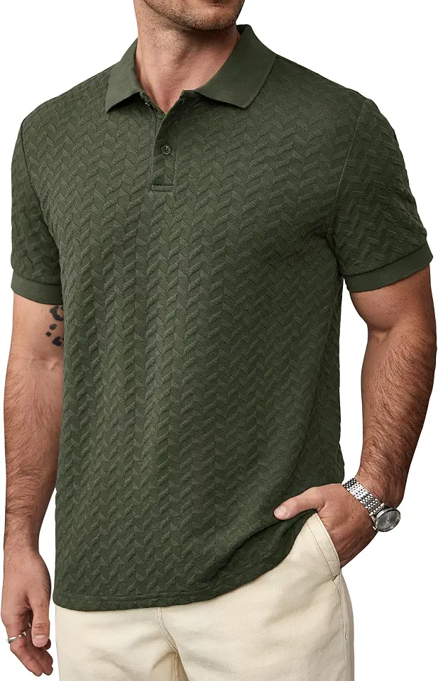 VOGSTART Mens Textured Knit Polo Casual Business Collared Shirts