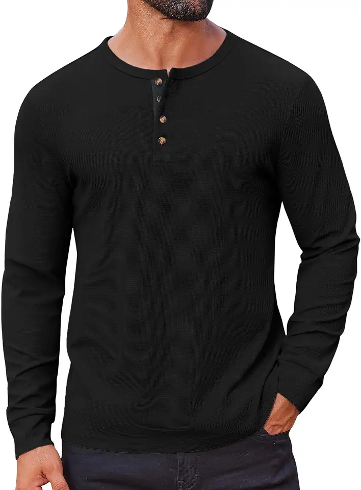 COOFANDY Mens Waffle Henley Shirts Long Sleeve Casual T-Shirt Basic Lightweight Pullover Tees
