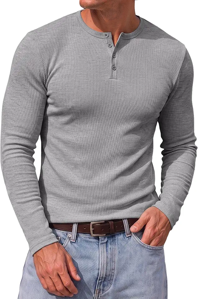 Men's Heather Grey Ribbed Henley Shirt