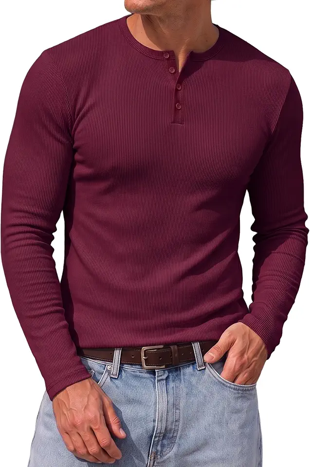 JMIERR Mens Fashion Muscle Henley Shirt V Neck Long Sleeve Slim Fitted Casual Curved Hem Athletic Gym Workout Shirts
