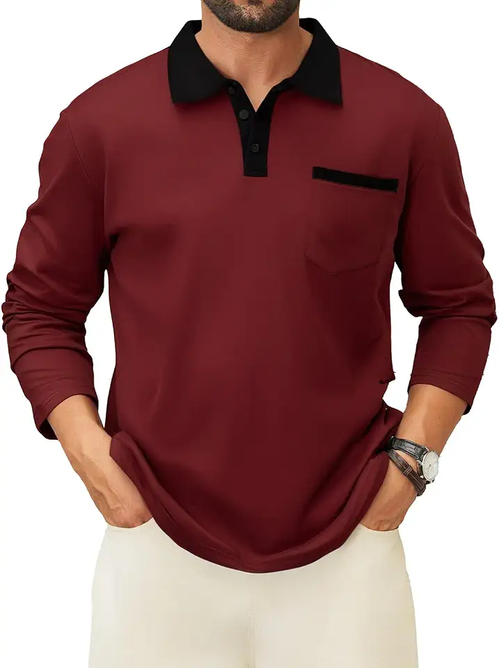 Men's Casual Long Sleeve Polo Shirts Cotton Polos T Shirt Classic Button Collared Golf Shirt with Pocket