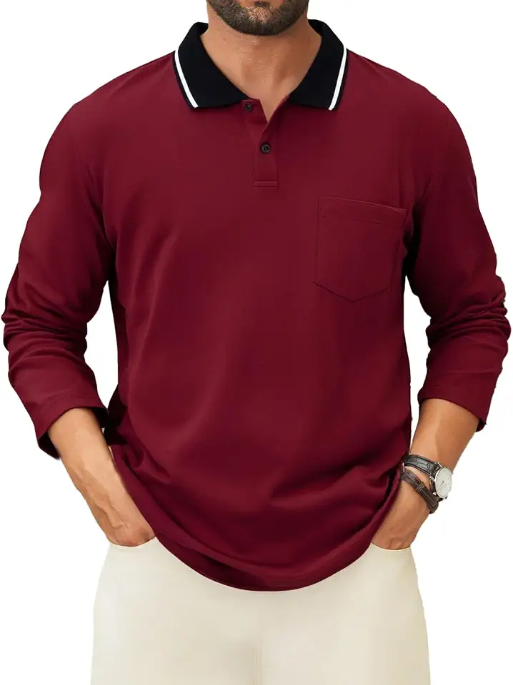 Men's Polo Shirts Long Sleeve Cotton Fashion Polos Tee Shirt Classic Basic Work Collared Shirt with Pocket