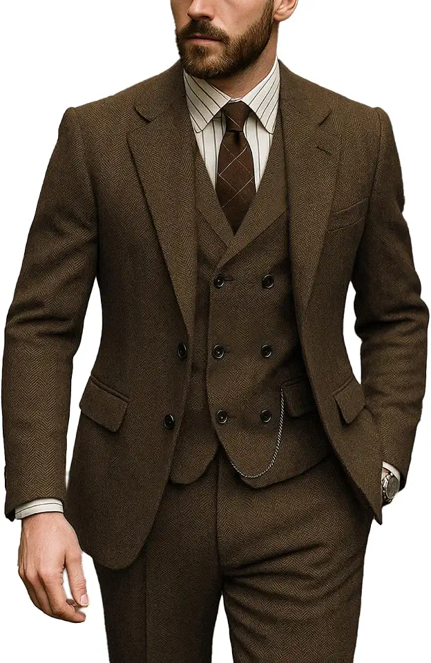 Vintage Men's Suits Regular Fit 3 Piece Tweed Herringbone Double Breasted Tuxedos Blazer+Vest+Pants Wedding