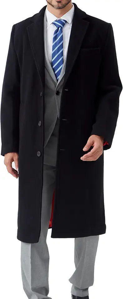Men's Black 70% Wool Long Overcoat, Single Breasted Winter Coat