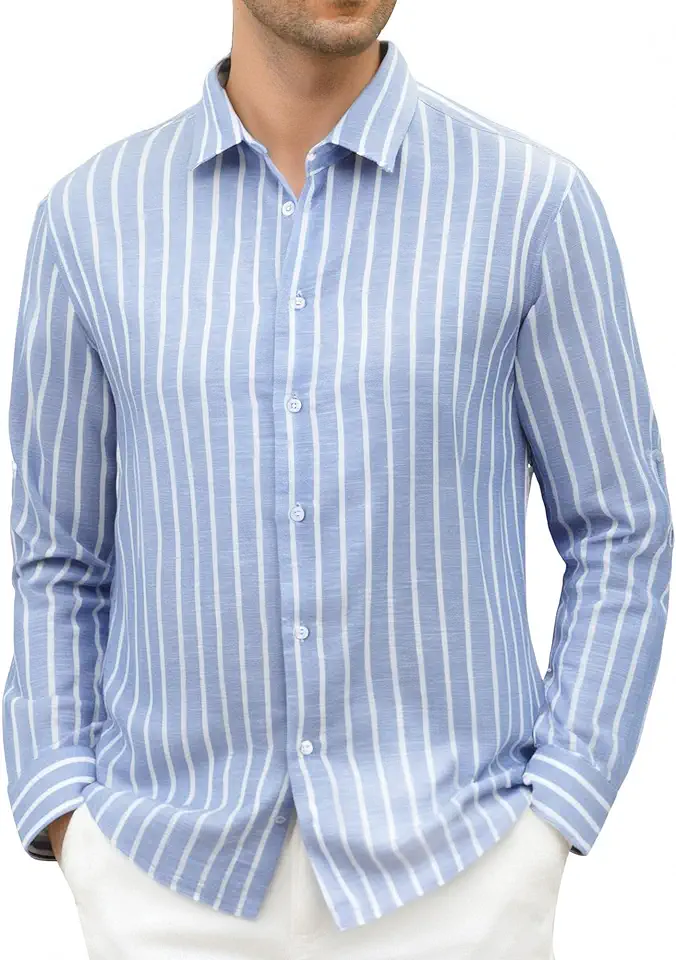 Damipow Mens Linen Shirts Short Sleeve Cotton Striped Casual Button Down Shirt Beach Vacation Summer Shirts
