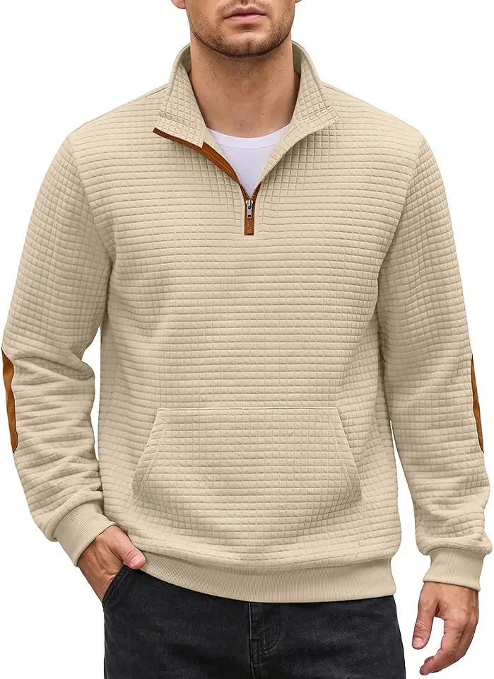 Mens Sweatshirt Casual Stand Collar Quarter Zip Pullover Fall Waffle Sweaters Long Sleeve with Pockets