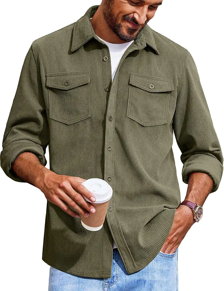 Global Recycled Standard COOFANDY Men's Corduroy Button Down Shirts Jackets Casual Long Sleeve Shacket Lightweight Overshirts with Flap Pockets