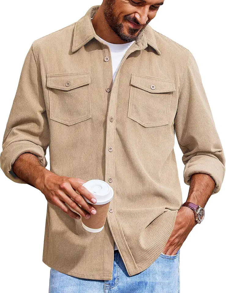 Global Recycled Standard COOFANDY Men's Corduroy Button Down Shirts Jackets Casual Long Sleeve Shacket Lightweight Overshirts with Flap Pockets