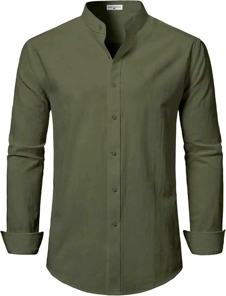 Mens Linen Band Collar Beach Shirts Casual Button Down Solid Plain Long Sleeve Hawaiian Shirts