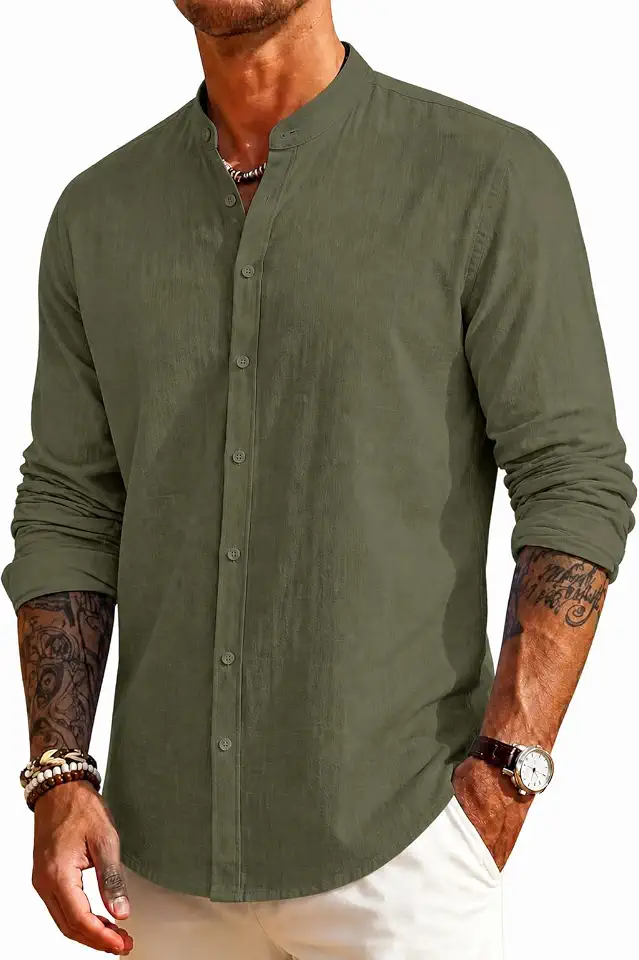 Mens Linen Band Collar Beach Shirts Casual Button Down Solid Plain Long Sleeve Hawaiian Shirts