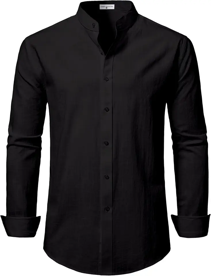 Mens Linen Band Collar Beach Shirts Casual Button Down Solid Plain Long Sleeve Hawaiian Shirts