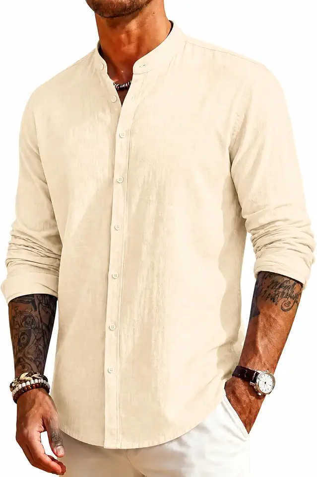 Mens Linen Band Collar Beach Shirts Casual Button Down Solid Plain Long Sleeve Hawaiian Shirts