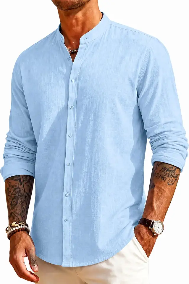 Men's Blue Camp Collar Long Sleeve Linen Shirt